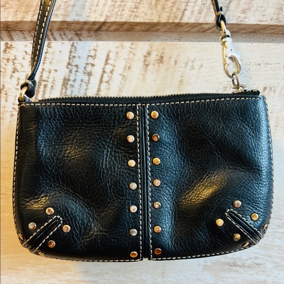 Michael Kors Black Leather and embossed Silver Button Wristlet Vintage - Picture 2 of 16